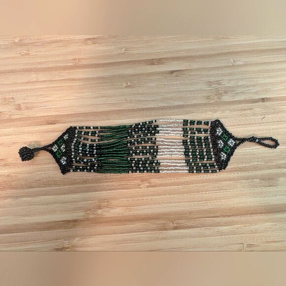 Seed Bead bracelet multi strands green black white geometric tribal - Picture 1 of 5